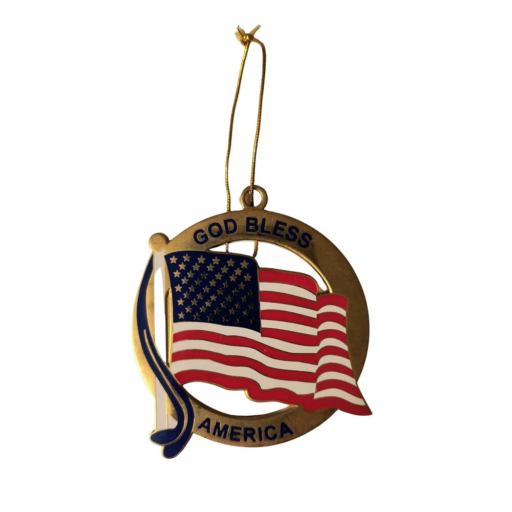 God Bless America American Flag Metal Ornament Patriotic USA 2.75"